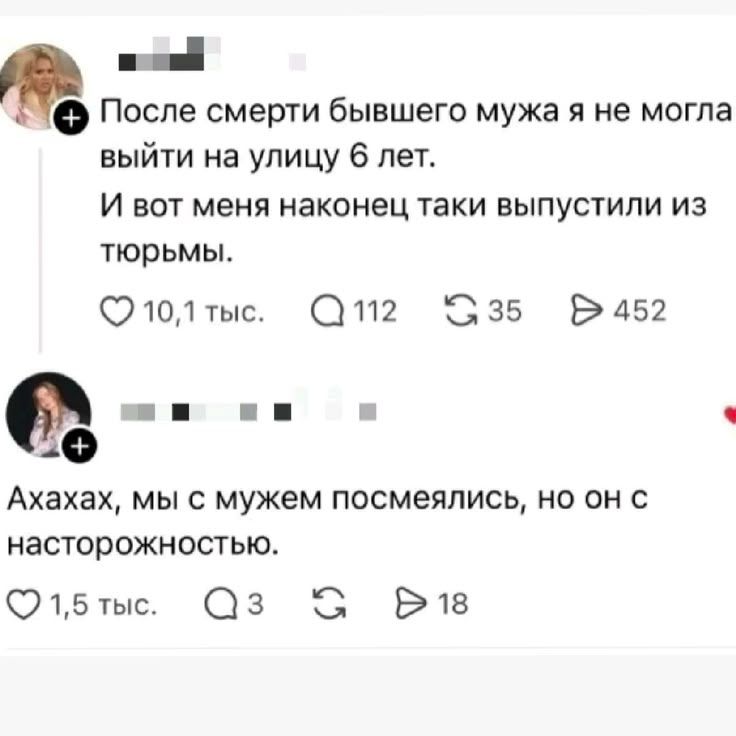 После смерти бывшего мужа я не могла выйти на улицу 6 лет. И вот меня наконец таки выпустили из тюрьмы. Ахахах, мы с мужем посмеялись, но он с настороженностью.