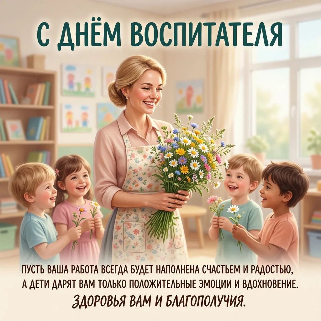 С ДНЁМ ВОСПИТАТЕЛЯ. ПУСТЬ ВАША РАБОТА ВСЕГДА БУДЕТ НАПОЛНЕНА СЧАСТЬЕМ И РАДОСТЬЮ, А ДЕТИ ДАРЯТ ВАМ ТОЛЬКО ПОЛОЖИТЕЛЬНЫЕ ЭМОЦИИ И ВДОХНОВЕНИЕ. ЗДОРОВЬЯ ВАМ И БЛАГОПОЛУЧИЯ.