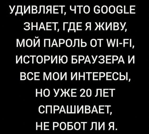 Удивляет, что Google знает, где я живу, мой пароль от Wi-Fi, историю браузера и все мои интересы, но уже 20 лет спрашивает, не робот ли я.