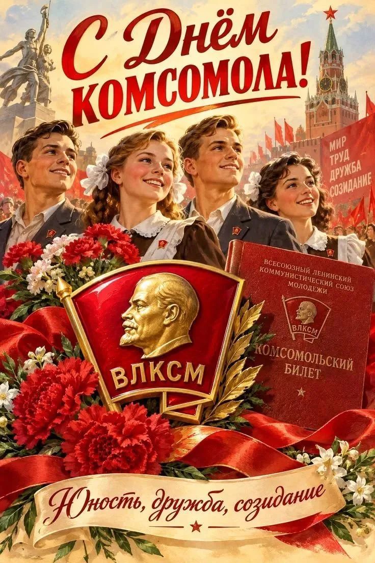 С Днём Комсомола! МИР ТРУД ДРУЖБА СОЗИДАНИЕ ВСЕСОЮЗНЫЙ ЛЕНИНСКИЙ КОММУНИСТИЧЕСКИЙ СОЮЗ МОЛОДЕЖИ ВЛКСМ КОМСОМОЛЬСКИЙ БИЛЕТ Юность, дружба, созидание