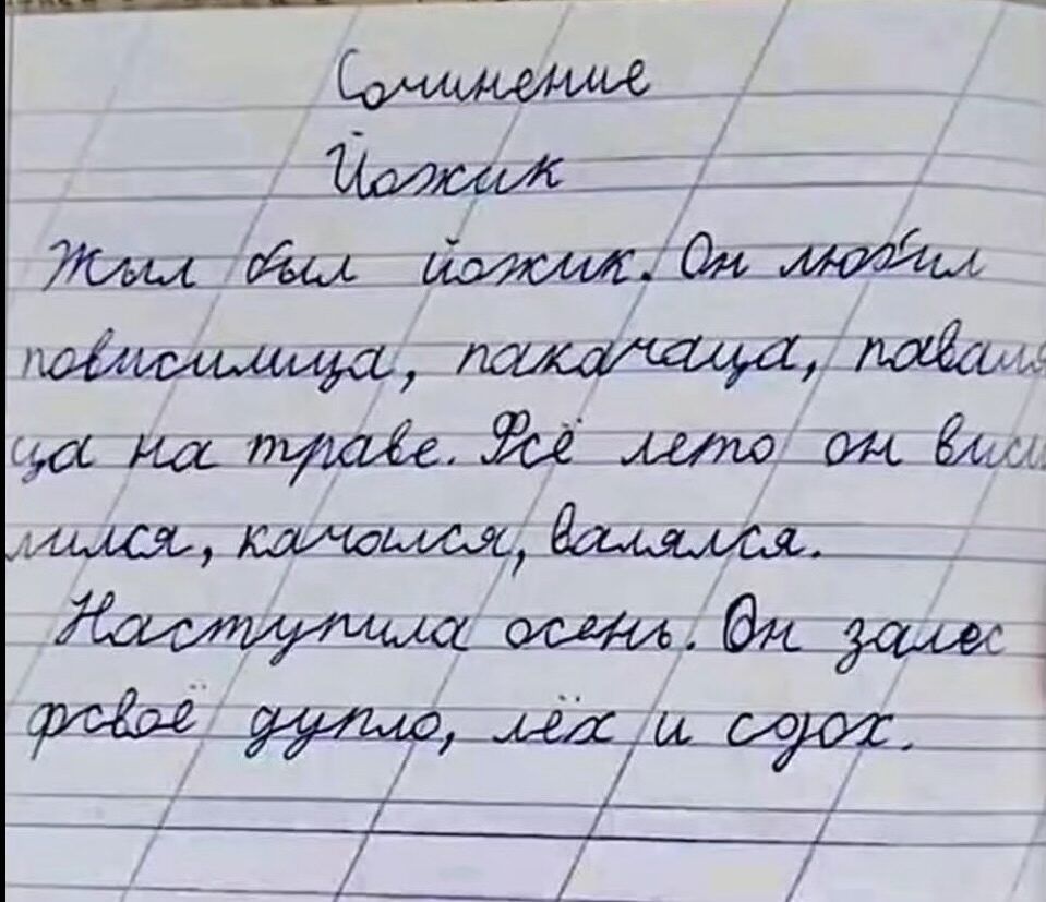 Сочинение
Ёжик
Жил был ёжик. Он любил
повисилица, покачаца, поваля
ца на траве. Всё лето он виси
лился, качался, валялся.
Наступила осень. Он залез
в своё дупло, лёг и сдох.