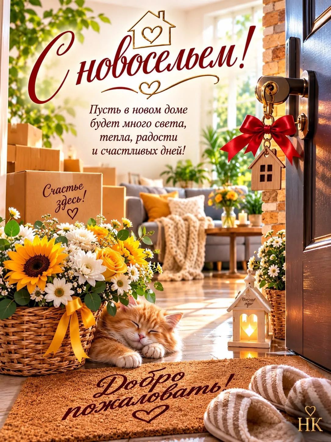 С новосельем! Пусть в новом доме будет много света, тепла, радости и счастливых дней! Счастье здесь! Добро пожаловать!