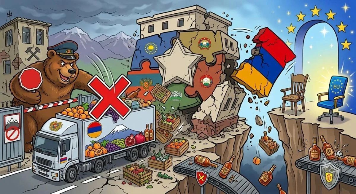 A political cartoon depicting a bear in a police uniform blocking an Armenian truck loaded with fruits and bottles. The truck has symbols of Armenia and Mount Ararat. Behind the bear, a crumbling structure of puzzle pieces representing post-Soviet countries is shown. Armenia's map is breaking away from this structure and falling towards a cliff,