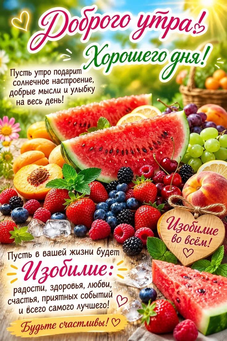 Доброго утра! Хорошего дня! Пусть утро подарит солнечное настроение, добрые мысли и улыбку на весь день! Изобилие во всём! Пусть в вашей жизни будет Изобилие: радости, здоровья, любви, счастья, приятных событий и всего самого лучшего! Будьте счастливы!