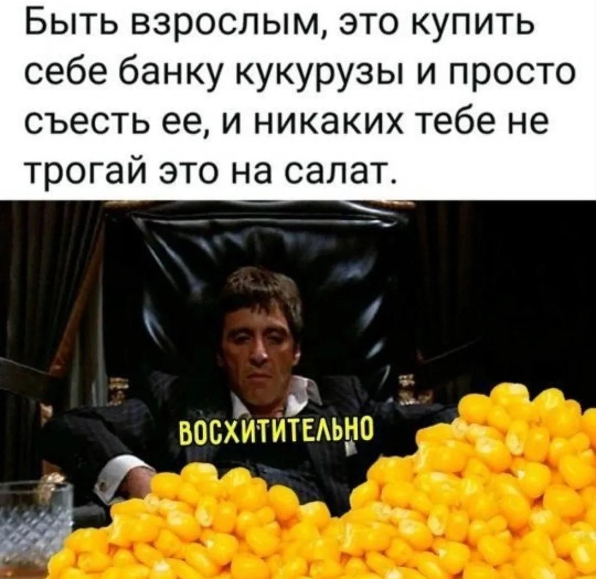 Быть взрослым, это купить себе банку кукурузы и просто съесть ее, и никаких тебе не трогай это на салат. ВОСХИТИТЕЛЬНО