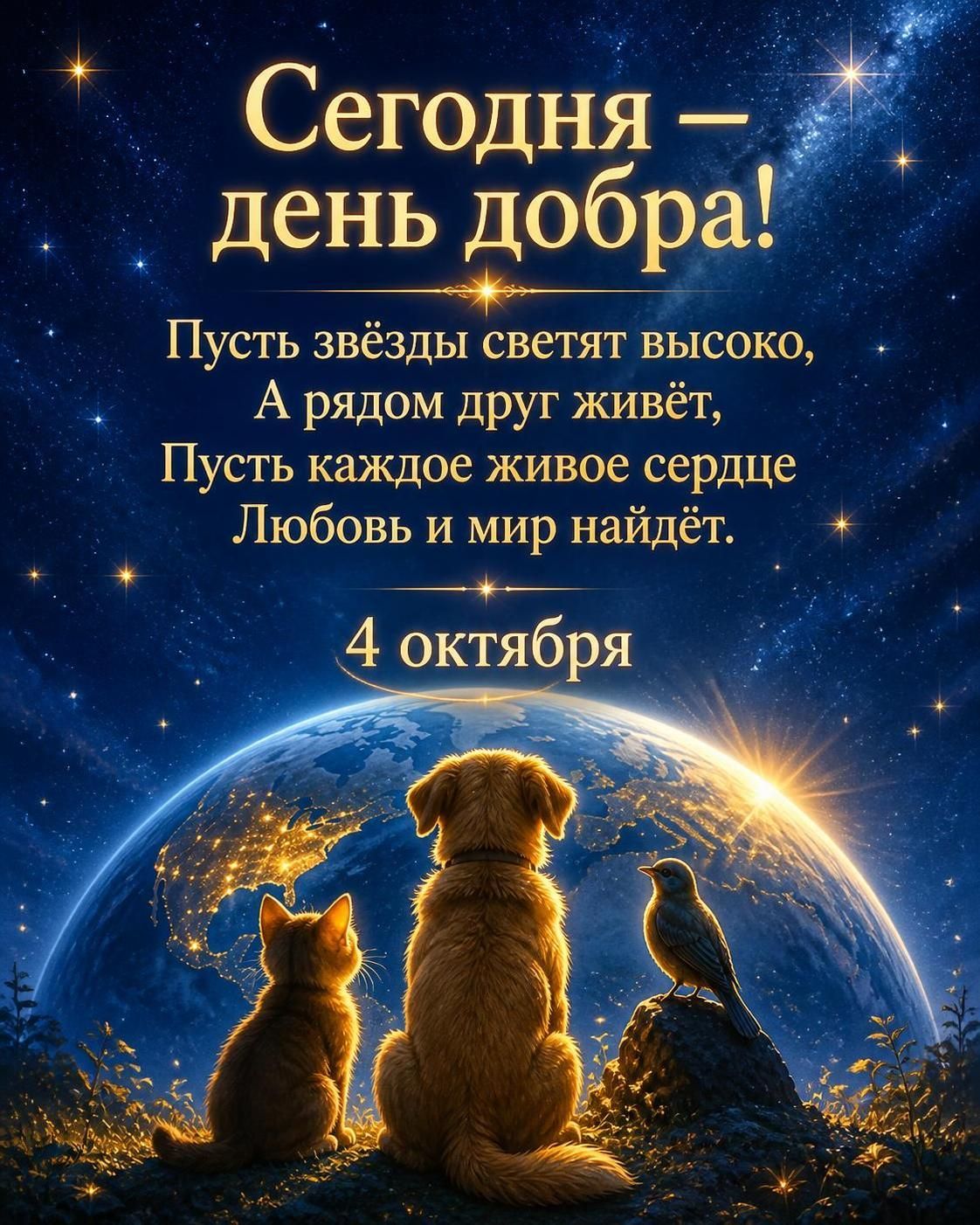 Сегодня — день добра! Пусть звёзды светят высоко, А рядом друг живёт, Пусть каждое живое сердце Любовь и мир найдёт. 4 октября