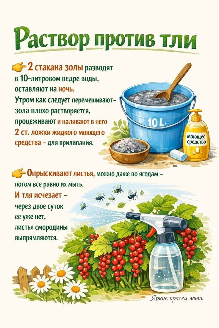 Раствор против тли 2 стакана золы разводят в 10-литровом ведре воды, оставляют на ночь. Утром как следует перемешивают – зола плохо растворяется, процеживают и наливают в него 2 ст. ложки жидкого моющего средства – для прилипания. Опрыскивают листья, можно даже по ягодам – потом все равно их мыть. И тля исчезает – через двое суток ее уже нет,
