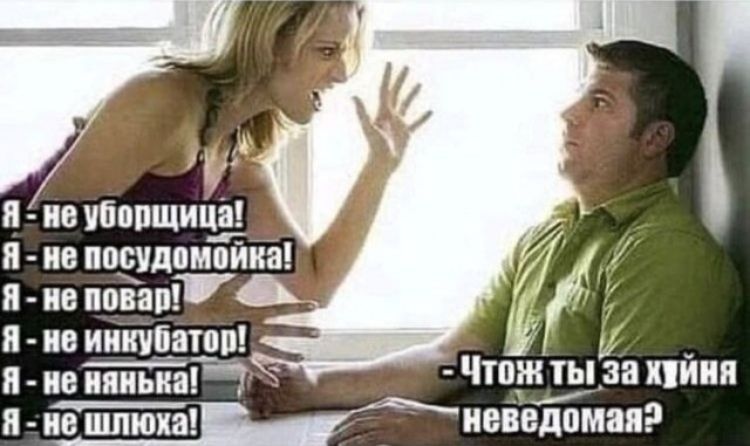 Я - не уборщица! Я - не посудомойка! Я - не повар! Я - не инкубатор! Я - не нянька! Я - не шлюха! -Чтож ты за хуйня неведомая?