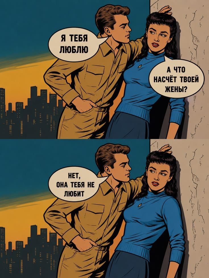 Я тебя люблю. А что насчет твоей жены? Нет, она тебя не любит