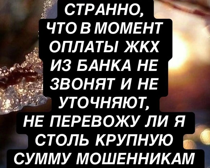 СТРАННО, ЧТО В МОМЕНТ ОПЛАТЫ ЖКХ ИЗ БАНКА НЕ ЗВОНЯТ И НЕ УТОЧНЯЮТ, НЕ ПЕРЕВОЖУ ЛИ Я СТОЛЬ КРУПНУЮ СУММУ МОШЕННИКАМ