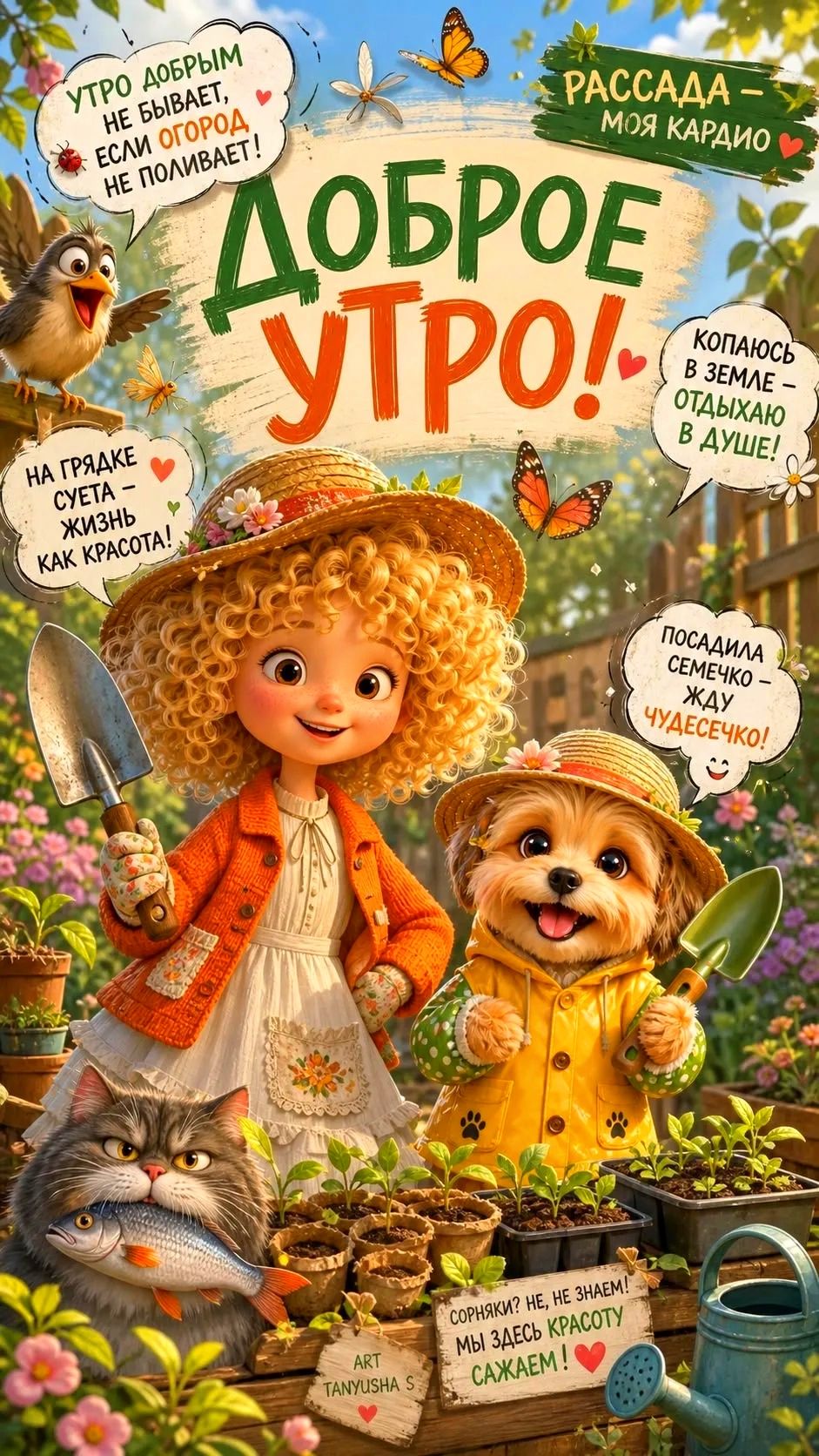 ДОБРОЕ УТРО! УТРО ДОБРЫМ НЕ БЫВАЕТ, ЕСЛИ ОГОРОД НЕ ПОЛИВАЕТ! РАССАДА - МОЯ КАРДИО. КОПАЮСЬ В ЗЕМЛЕ - ОТДЫХАЮ В ДУШЕ! НА ГРЯДКЕ СУЕТА - ЖИЗНЬ КАК КРАСОТА! ПОСАДИЛА СЕМЕЧКО - ЖДУ ЧУДЕСЕЧКО! СОРНЯКИ? НЕ, НЕ ЗНАЕМ! МЫ ЗДЕСЬ КРАСОТУ САЖАЕМ! ART TANYUSHA S
