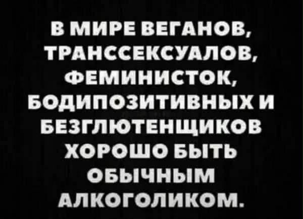 В мире веганов, транссексуалов, феминисток, бодипозитивных и безглютенщиков хорошо быть обычным алкоголиком.