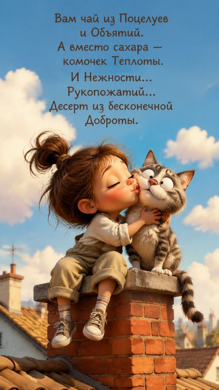 Вам чай из Поцелуев и Объятий. А вместо сахара — комочек Теплоты. И Нежности... Рукопожатий... Десерт из бесконечной Доброты.