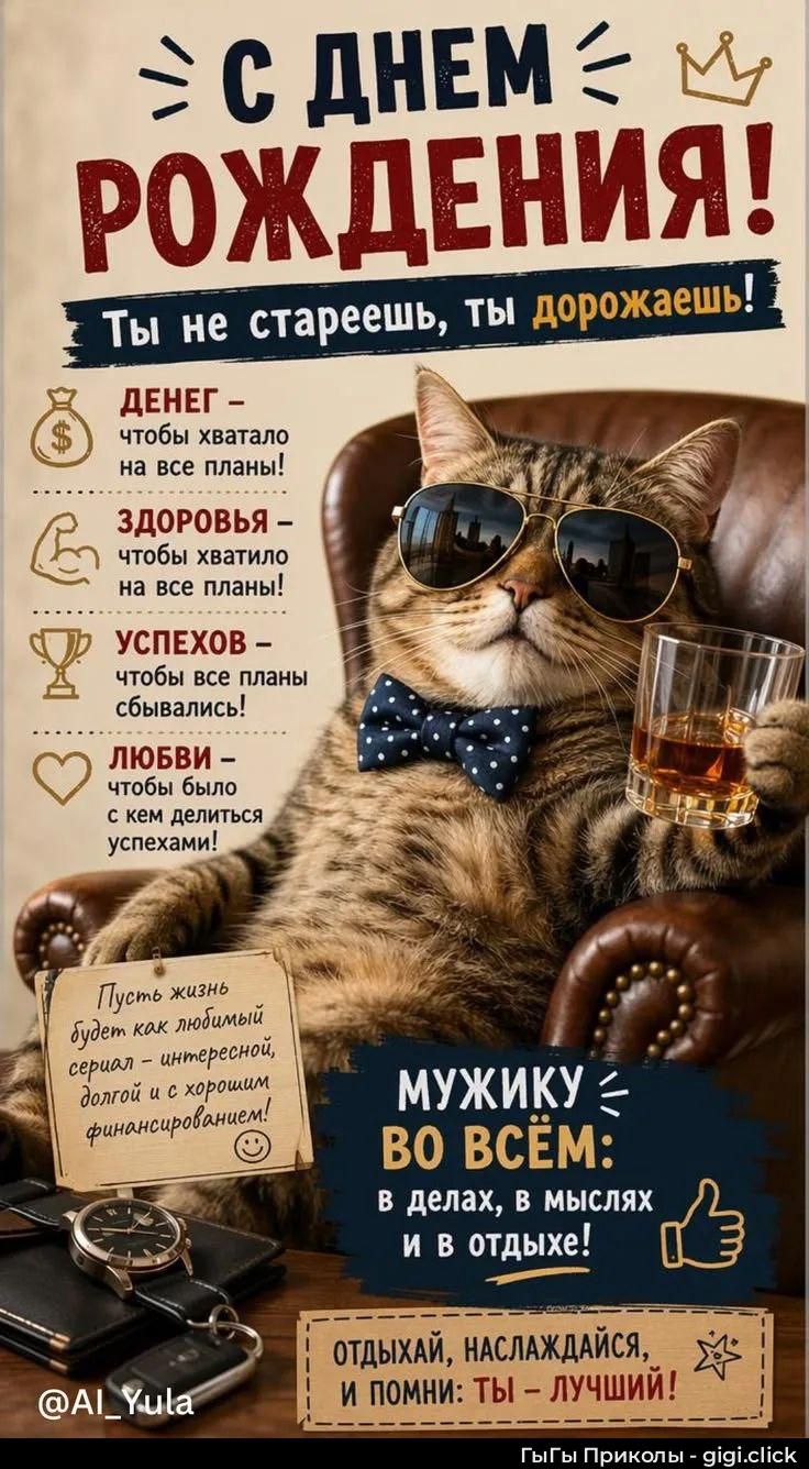 С ДНЕМ РОЖДЕНИЯ! Ты не стареешь, ты дорожаешь! ДЕНЕГ - чтобы хватало на все планы! ЗДОРОВЬЯ - чтобы хватило на все планы! УСПЕХОВ - чтобы все планы сбывались! ЛЮБВИ - чтобы было с кем делиться успехами! Пусть жизнь будет как любимый сериал - интересной, долгой и с хорошим финансированием! МУЖИКУ ВО ВСЁМ: в делах, в мыслях и в отдыхе! ОТДЫХАЙ,