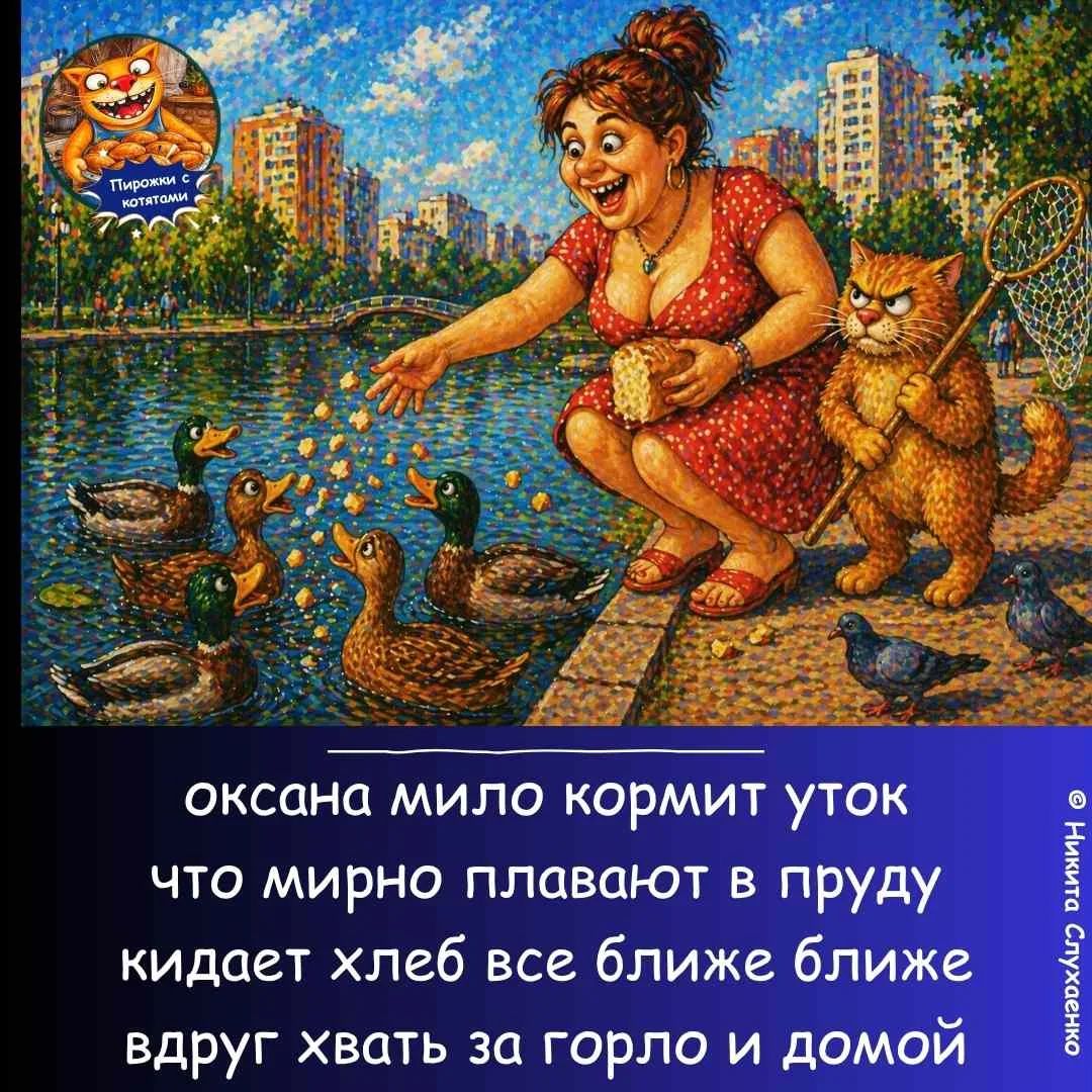Пирожки с котятами. оксана мило кормит уток что мирно плавают в пруду кидает хлеб все ближе ближе вдруг хвать за горло и домой