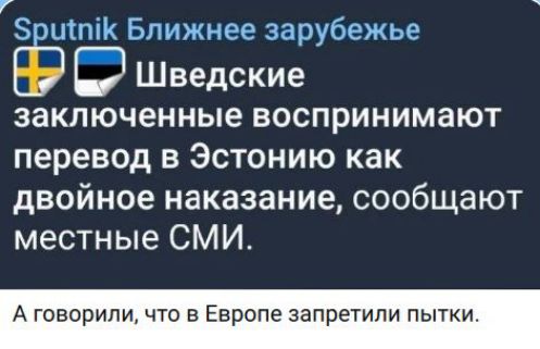 Sputnik Ближнее зарубежье 🇸🇪🇪🇪 Шведские заключенные воспринимают перевод в Эстонию как двойное наказание, сообщают местные СМИ. А говорили, что в Европе запретили пытки.