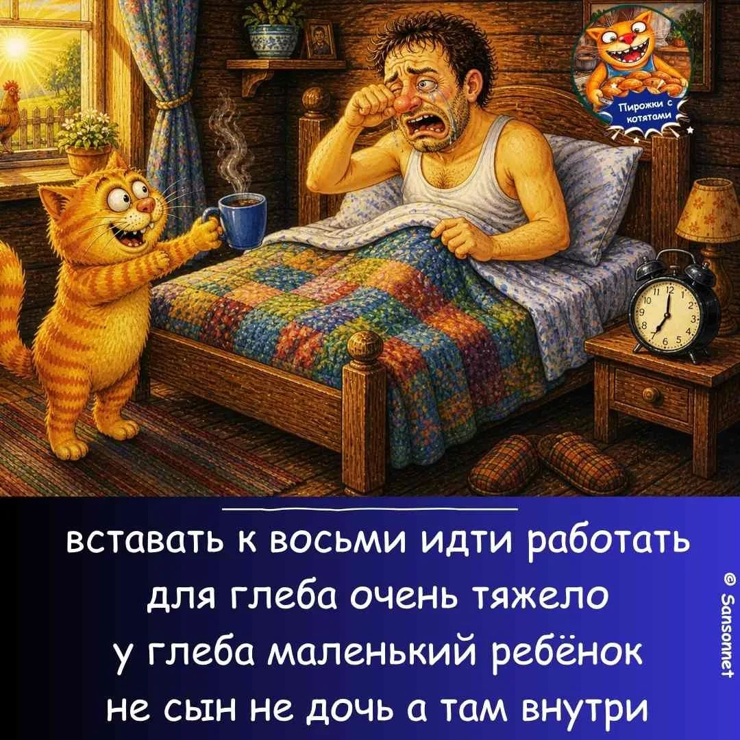 Пирожки с котятами. Вставать к восьми идти работать для Глеба очень тяжело. У Глеба маленький ребёнок: не сын, не дочь, а там внутри.