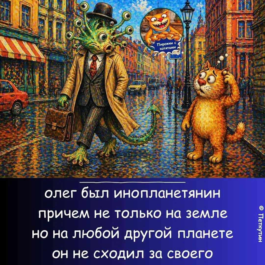 олег был инопланетянин причем не только на земле но на любой другой планете он не сходил за своего Пирожки с котятами