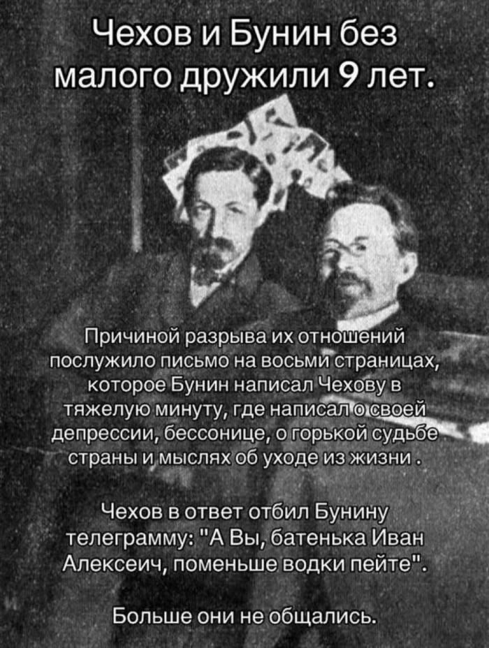 Чехов и Бунин без малого дружили 9 лет. Причиной разрыва их отношений послужило письмо на восьми страницах, которое Бунин написал Чехову в тяжелую минуту, где написал о своей депрессии, бессоннице, о горькой судьбе страны и мыслях об уходе из жизни. Чехов в ответ отбил Бунину телеграмму: 