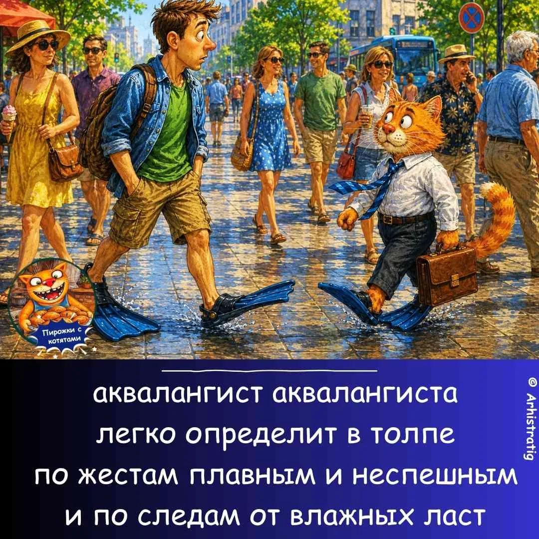 аквалангист аквалангиста легко определит в толпе по жестам плавным и неспешным и по следам от влажных ласт. Пирожки с котятами.