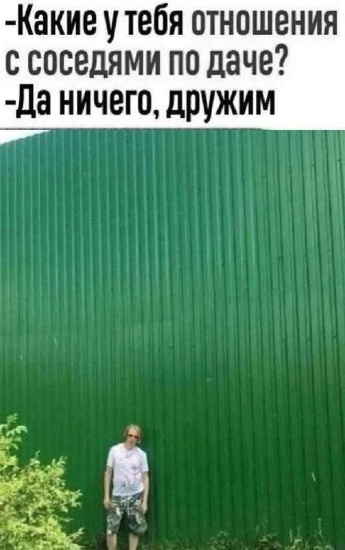 -Какие у тебя отношения с соседями по даче? -Да ничего, дружим