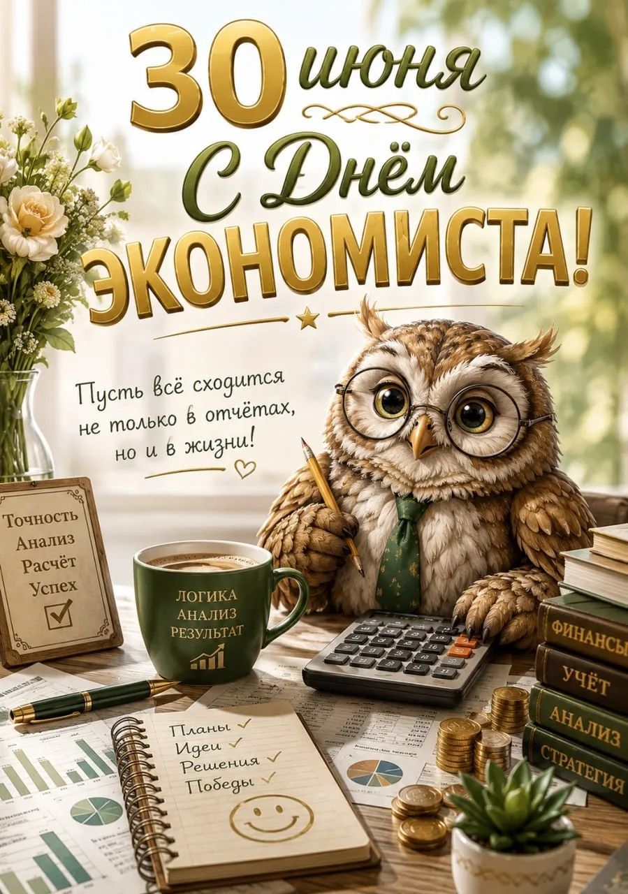 30 июня С Днём Экономиста! Пусть всё сходится не только в отчётах, но и в жизни! Точность Анализ Расчёт Успех Логика Анализ Результат Планы Идеи Решения Победы Финансы Учёт Анализ Стратегия
