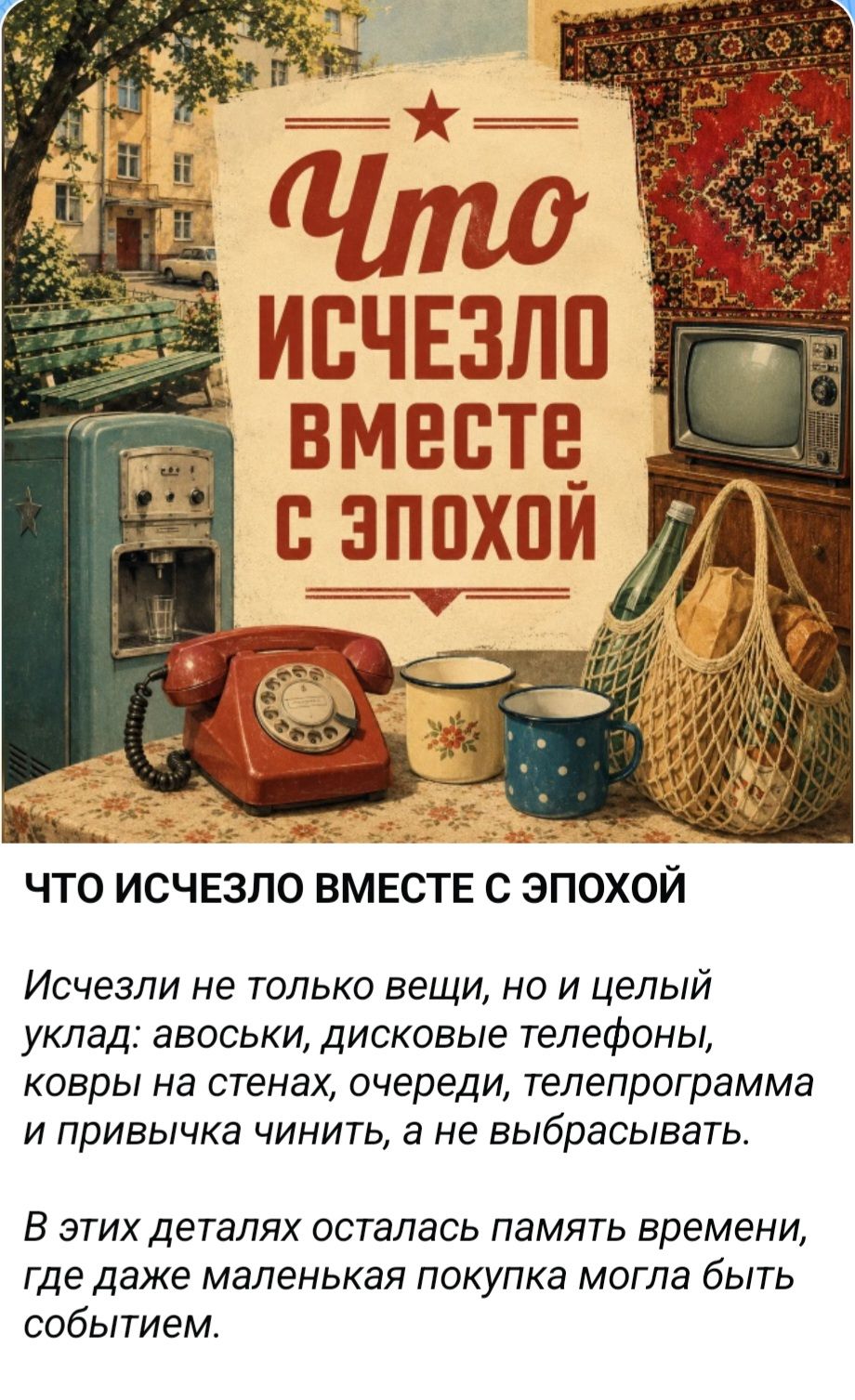 Что исчезло вместе с эпохой Исчезли не только вещи, но и целый уклад: авоськи, дисковые телефоны, ковры на стенах, очереди, телепрограмма и привычка чинить, а не выбрасывать. В этих деталях осталась память времени, где даже маленькая покупка могла быть событием.