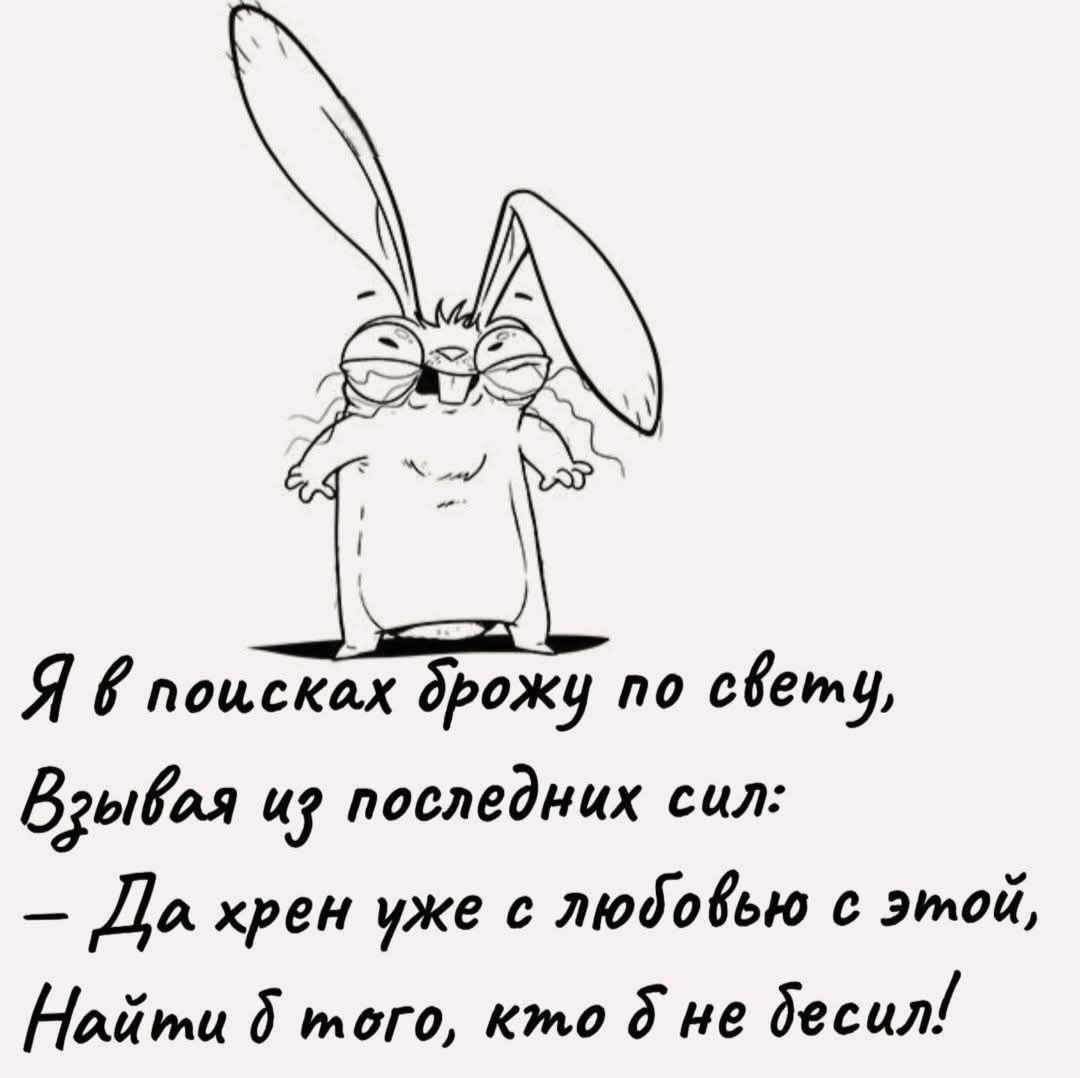 Я в поисках брожу по свету, Взывая из последних сил: – Да хрен уже с любовью с этой, Найти б того, кто б не бесил!