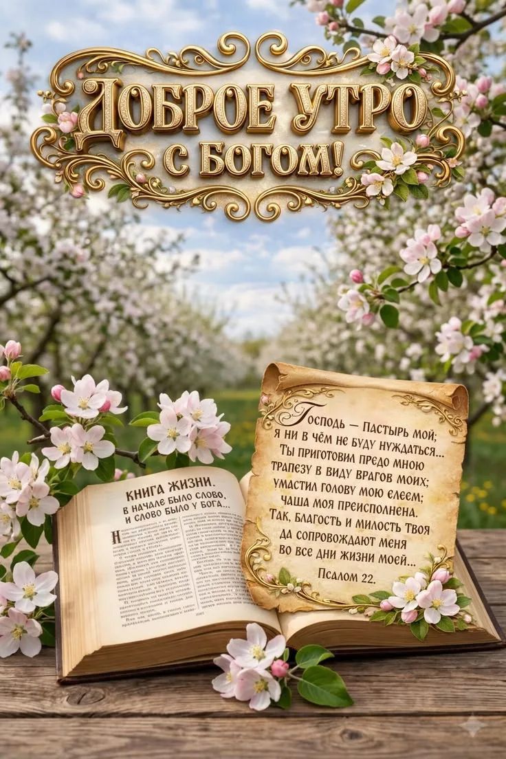 ДОБРОЕ УТРО С БОГОМ! КНИГА ЖИЗНИ. В НАЧАЛЕ БЫЛО СЛОВО, И СЛОВО БЫЛО У БОГА... Господь – Пастырь мой; я ни в чём не буду нуждаться... Ты приготовил предо мною трапезу в виду врагов моих; умастил голову мою елеем; чаша моя преисполнена. Так, благость и милость Твоя да сопровождают меня во все дни жизни моей... Псалом 22.