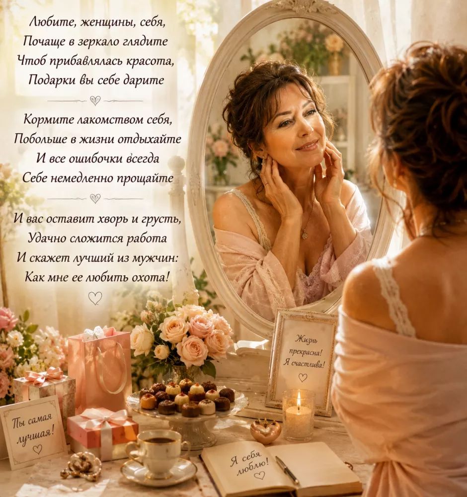 Любите, женщины, себя, Почаще в зеркало глядите Чтоб прибавлялась красота, Подарки вы себе дарите Кормите лакомством себя, Побольше в жизни отдыхайте И все ошибочки всегда Себе немедленно прощайте И вас оставит хворь и грусть, Удачно сложится работа И скажет лучший из мужчин: Как мне ее любить охота! Жизнь прекрасна! Я счастлива! Ты самая лучшая!