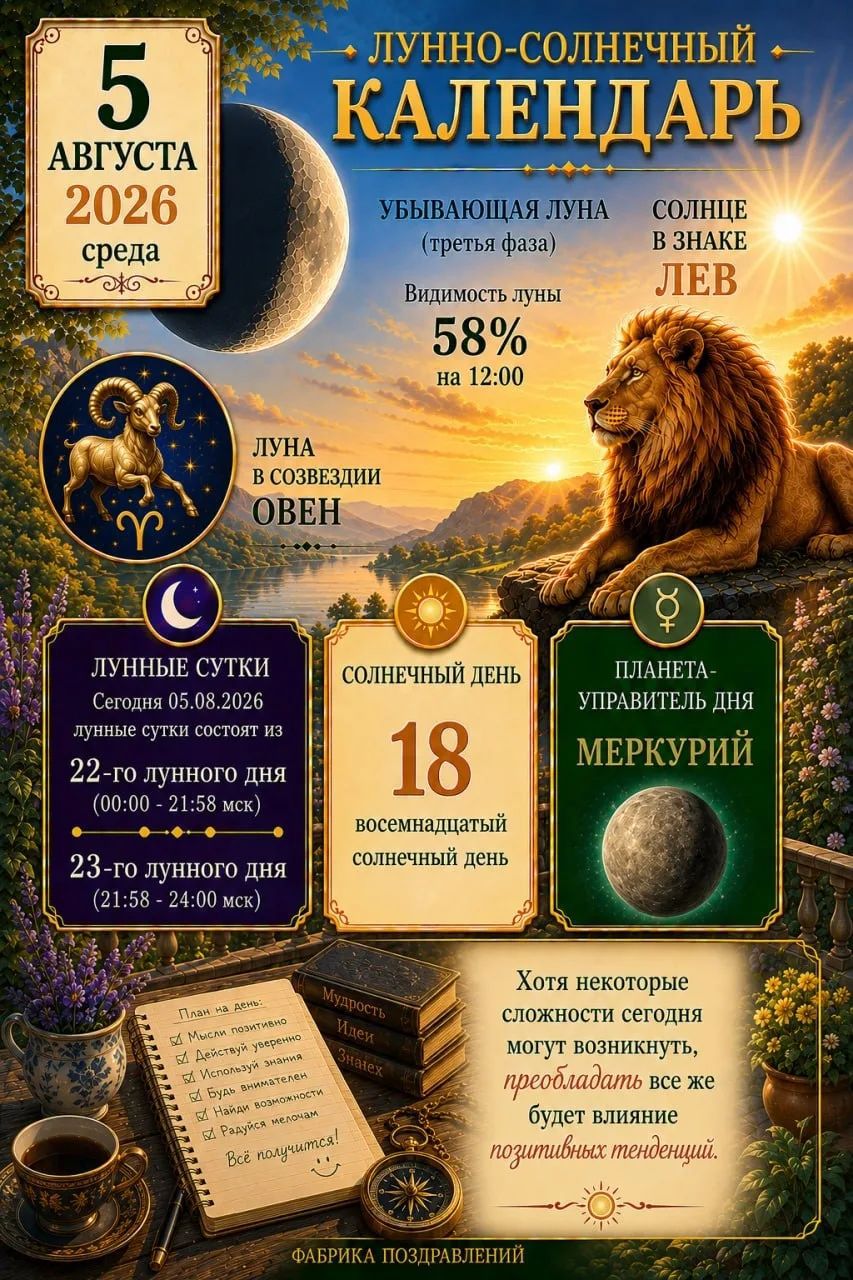 5 АВГУСТА 2026 среда. ЛУННО-СОЛНЕЧНЫЙ КАЛЕНДАРЬ. УБЫВАЮЩАЯ ЛУНА (третья фаза). СОЛНЦЕ В ЗНАКЕ ЛЕВ. Видимость луны 58% на 12:00. ЛУНА В СОЗВЕЗДИИ ОВЕН. ЛУННЫЕ СУТКИ Сегодня 05.08.2026 лунные сутки состоят из 22-го лунного дня (00:00 - 21:58 мск) 23-го лунного дня (21:58 - 24:00 мск). СОЛНЕЧНЫЙ ДЕНЬ 18 восемнадцатый солнечный день.