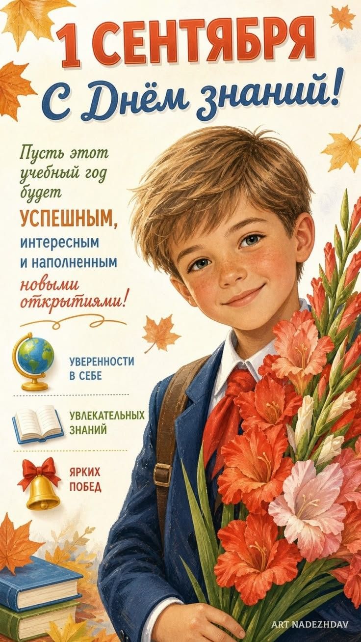 1 Сентября С Днём знаний! Пусть этот учебный год будет успешным, интересным и наполненным новыми открытиями! Уверенности в себе. Увлекательных знаний. Ярких побед.