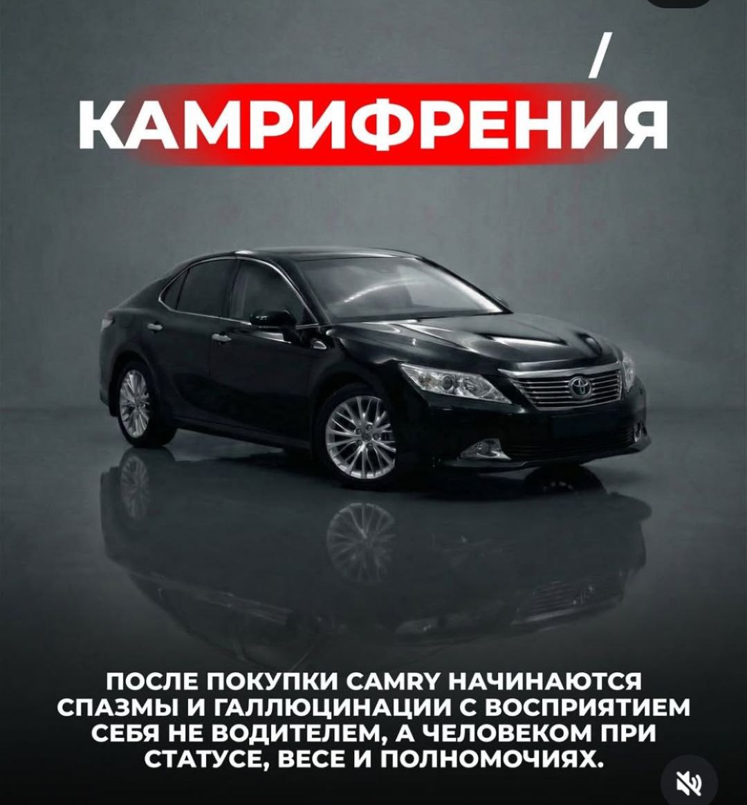 КАМРИФРЕНИЯ ПОСЛЕ ПОКУПКИ CAMRY НАЧИНАЮТСЯ СПАЗМЫ И ГАЛЛЮЦИНАЦИИ С ВОСПРИЯТИЕМ СЕБЯ НЕ ВОДИТЕЛЕМ, А ЧЕЛОВЕКОМ ПРИ СТАТУСЕ, ВЕСЕ И ПОЛНОМОЧИЯХ.