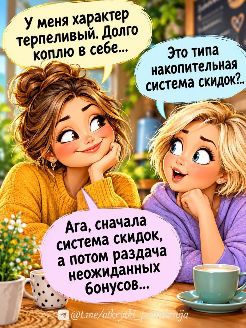 У меня характер терпеливый. Долго коплю в себе... Это типа накопительная система скидок?.. Ага, сначала система скидок, а потом раздача неожиданных бонусов...