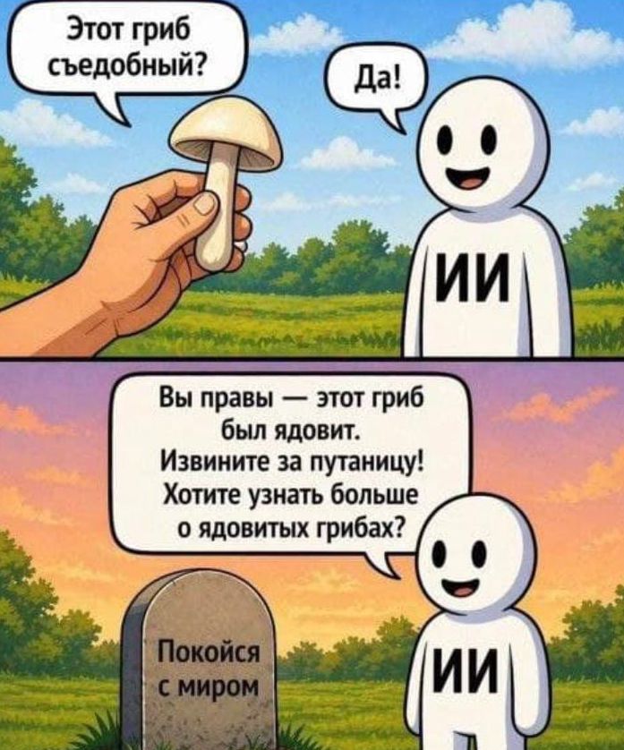 Этот гриб съедобный? Да! Вы правы — этот гриб был ядовит. Извините за путаницу! Хотите узнать больше о ядовитых грибах? Покойся с миром. ИИ.