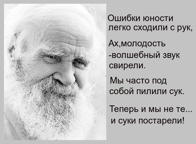 Ошибки юности легко сходили с рук, Ах, молодость — волшебный звук свирели. Мы часто под собой пилили сук. Теперь и мы не те… и суки постарели!