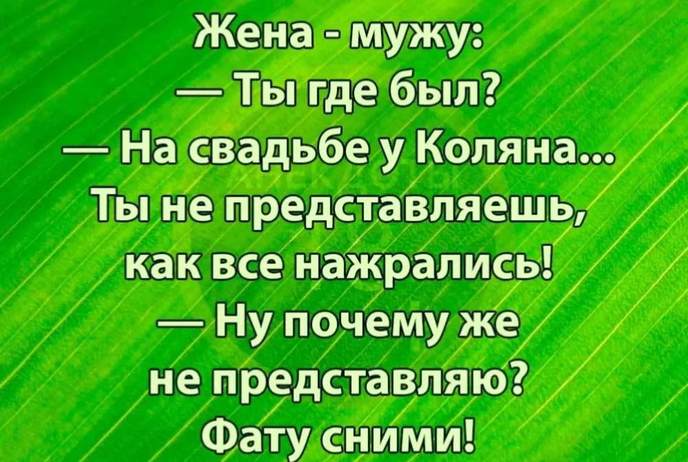 Жена - мужу: — Ты где был? — На свадьбе у Коляна... Ты не представляешь, как все нажрались! — Ну почему же не представляю? Фату сними!