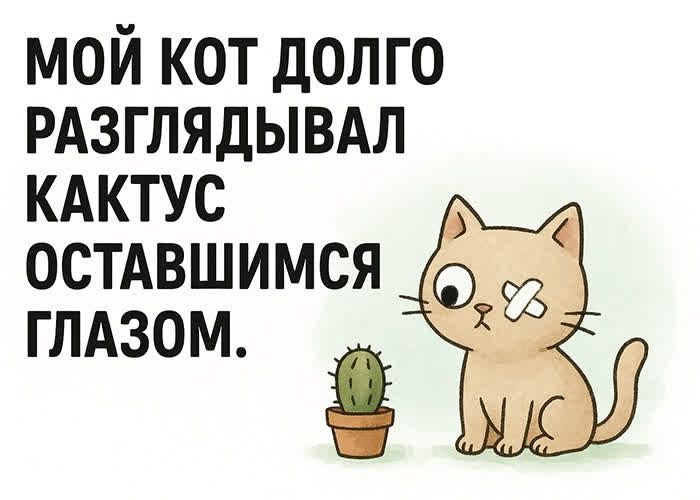 МОЙ КОТ ДОЛГО РАЗГЛЯДЫВАЛ КАКТУС ОСТАВШИМСЯ ГЛАЗОМ.