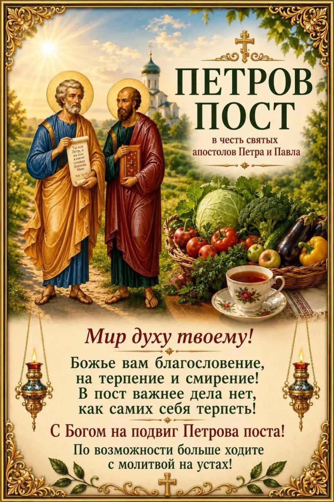 ПЕТРОВ ПОСТ в честь святых апостолов Петра и Павла. Ты еси Петр, и на сем камни созижду Церковь Мою Мф. 16.18. Мир духу твоему! Божье вам благословение, на терпение и смирение! В пост важнее дела нет, как самих себя терпеть! С Богом на подвиг Петрова поста! По возможности больше ходите с молитвой на устах!