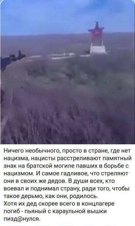 Ничего необычного, просто в стране, где нет нацизма, нацисты расстреливают памятный знак на братской могиле павших в борьбе с нацизмом. И самое гадливое, что стреляют они в своих же дедов. В души всех, кто воевал и поднимал страну, ради того, чтобы такое дерьмо, как они, родилось. Хотя их дед скорее всего в концлагере погиб - пьяный с караульной