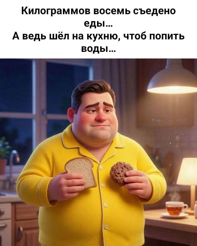 Килограммов восемь съедено еды... А ведь шёл на кухню, чтоб попить воды...