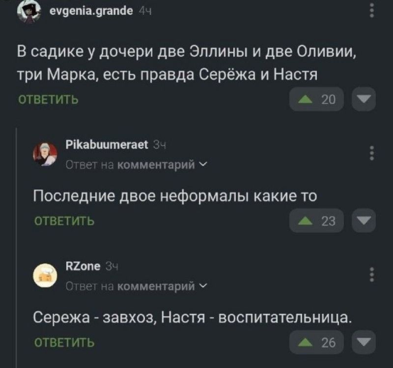 evgenia.grande: В садике у дочери две Эллины и две Оливии, три Марка, есть правда Серёжа и Настя. Pikabuumeraet: Последние двое неформалы какие то. RZone: Сережа - завхоз, Настя - воспитательница.