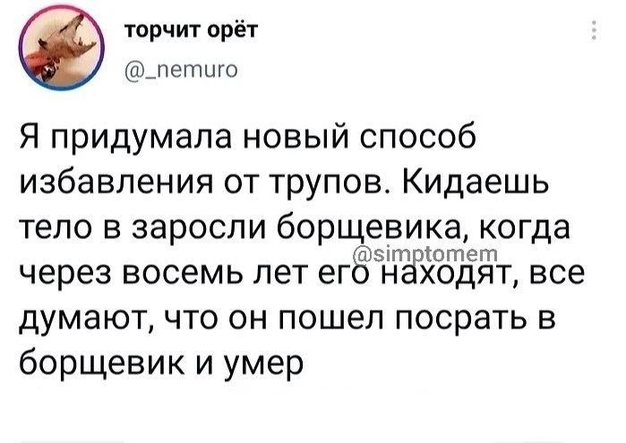 Я придумала новый способ избавления от трупов. Кидаешь тело в заросли борщевика, когда через восемь лет его находят, все думают, что он пошел посрать в борщевик и умер