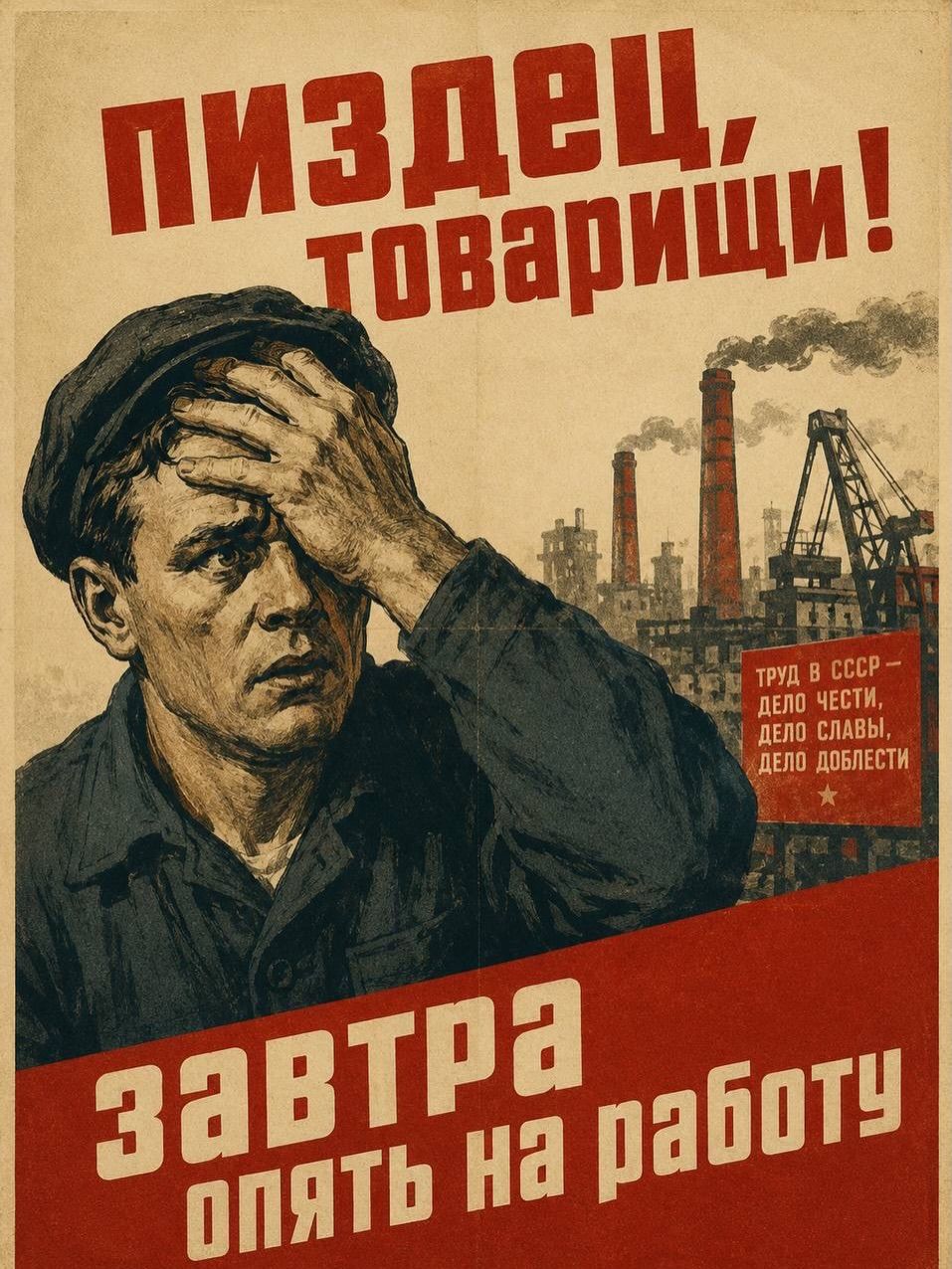 ПИЗДЕЦ, ТОВАРИЩИ! ЗАВТРА ОПЯТЬ НА РАБОТУ. ТРУД В СССР — ДЕЛО ЧЕСТИ, ДЕЛО СЛАВЫ, ДЕЛО ДОБЛЕСТИ