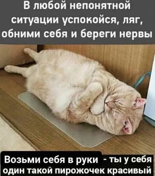 В любой непонятной ситуации успокойся, ляг, обними себя и береги нервы. Возьми себя в руки - ты у себя один такой пирожочек красивый.