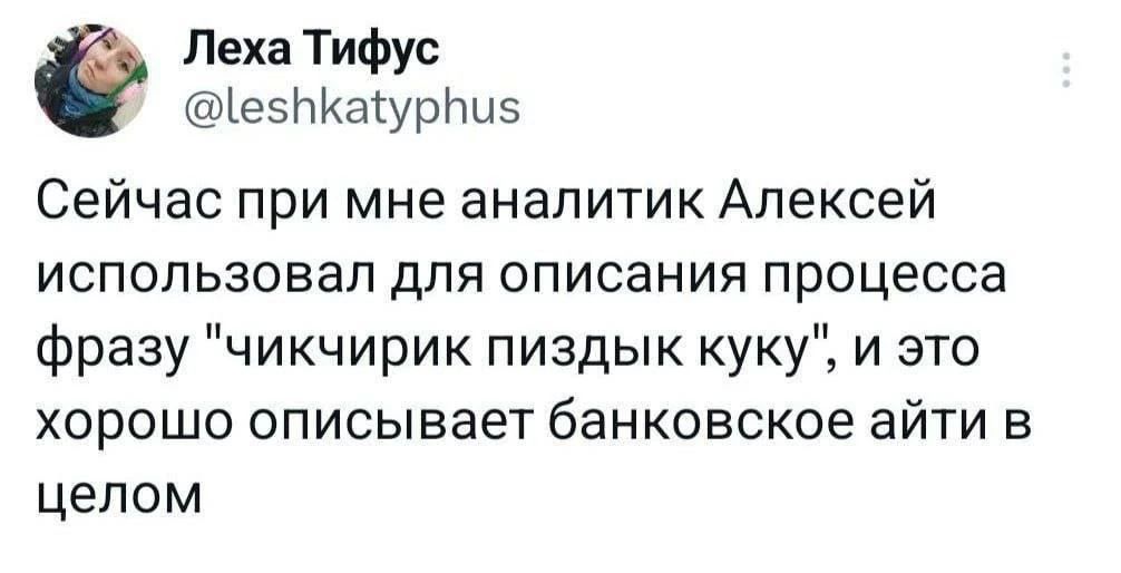 Леха Тифус @leshkatyphus Сейчас при мне аналитик Алексей использовал для описания процесса фразу 'чикчирик пиздык куку', и это хорошо описывает банковское айти в целом