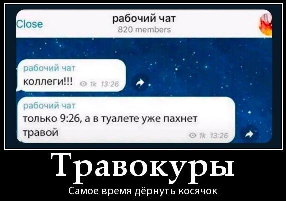Close. Рабочий чат. 820 members. Рабочий чат. Коллеги!!! Рабочий чат. Только 9:26, а в туалете уже пахнет травой. Травокуры. Самое время дёрнуть косячок.