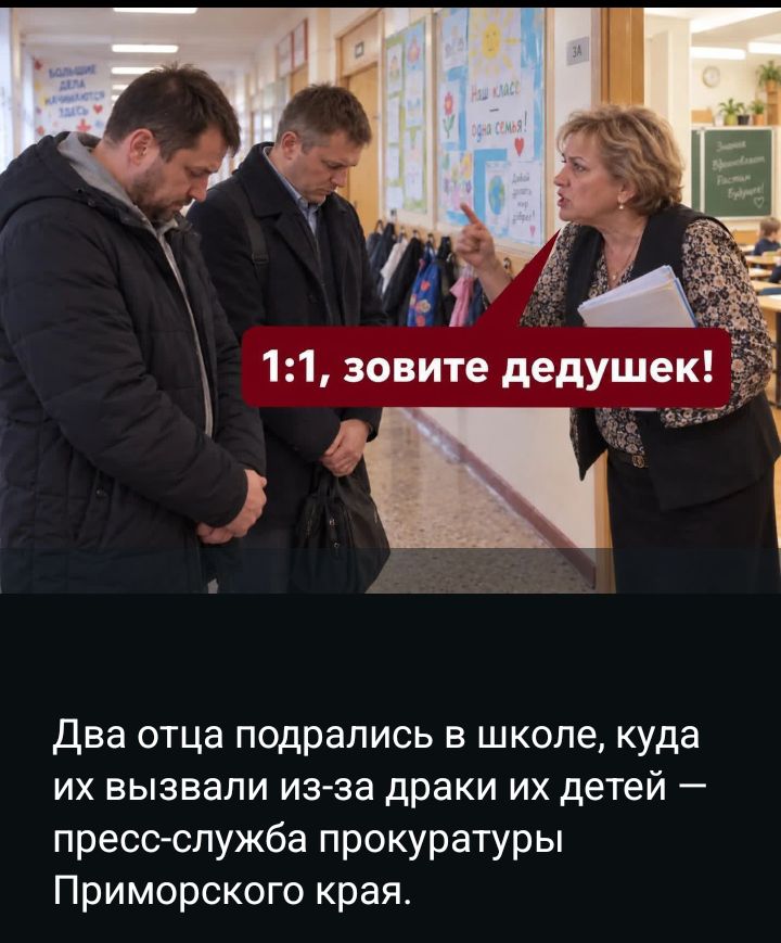 1:1, зовите дедушек! Два отца подрались в школе, куда их вызвали из-за драки их детей — пресс-служба прокуратуры Приморского края.