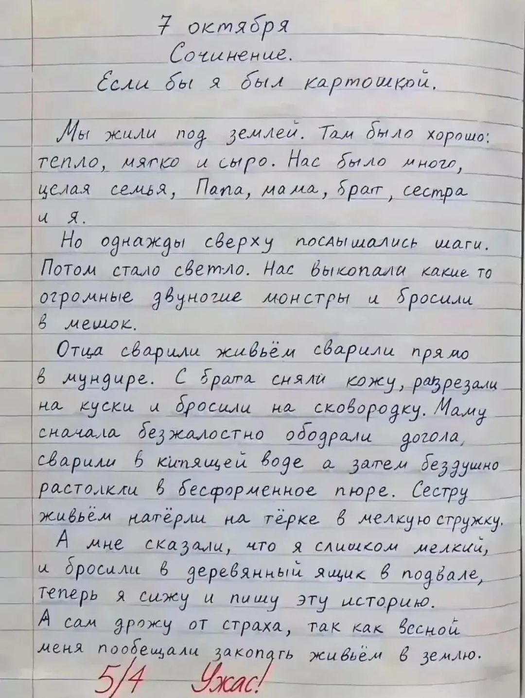 7 октября Сочинение. Если бы я был картошкой. Мы жили под землей. Там было хорошо: тепло, мягко и сыро. Нас было много, целая семья, папа, мама, брат, сестра и я. Но однажды сверху послышались шаги. Потом стало светло. Нас выкопали какие то огромные двуногие монстры и бросили в мешок. Отца сварили живём сварили прямо в мундире. С брата сняли кожу,