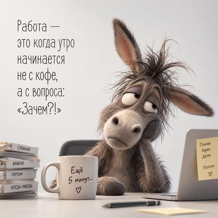 Работа — это когда утро начинается не с кофе, а с вопроса: «Зачем?!» Ещё 5 минут... Планы Идеи Дела СРОЧНО ВАЖНО потом КОГДА-НИБУДЬ